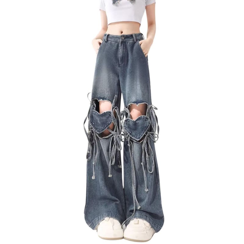 Love Knot Knee-Heart Denim Pants - Jeans