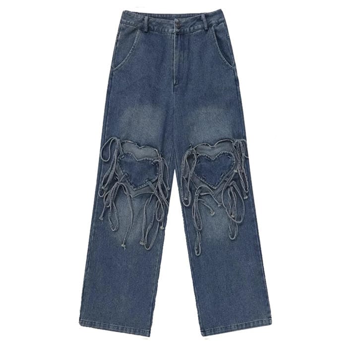 Love Knot Knee-Heart Denim Pants - Jeans