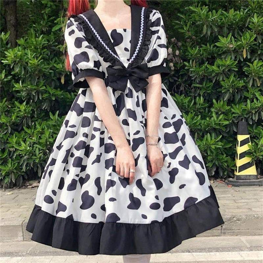 Lovely Cow Print Jfashion Lolita Navy Neck Bow Dress MM1660