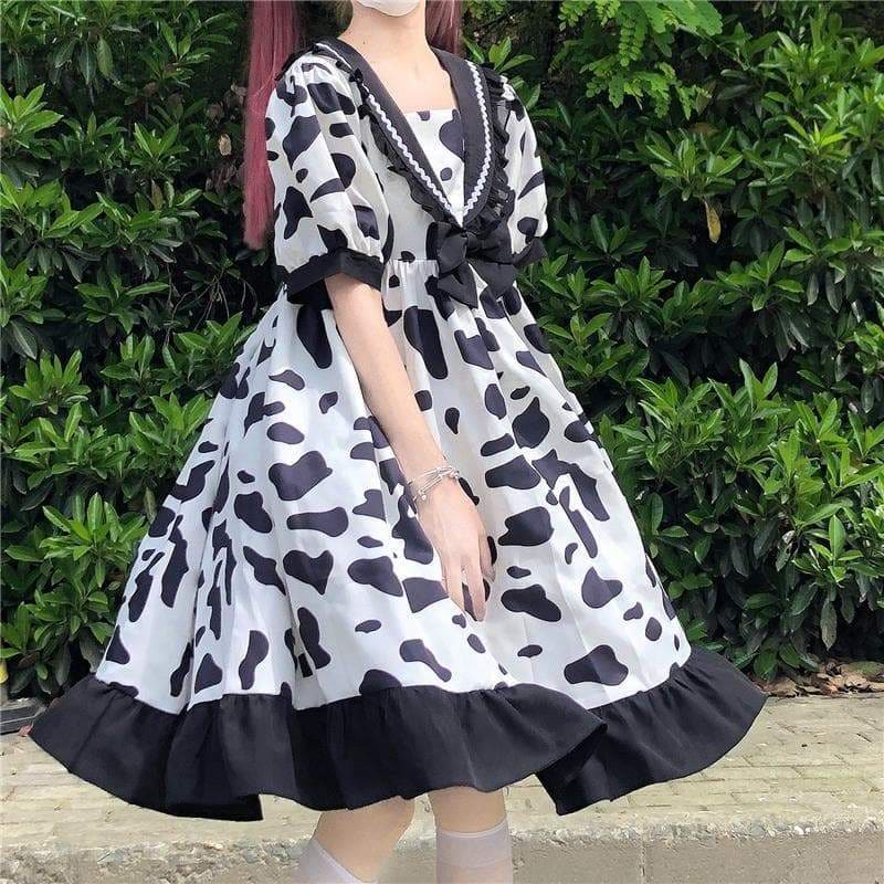 Lovely Cow Print Jfashion Lolita Navy Neck Bow Dress MM1660