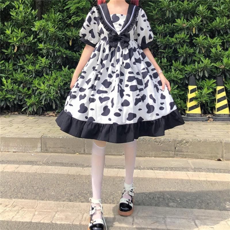 Lovely Cow Print Jfashion Lolita Navy Neck Bow Dress MM1660