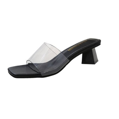 Low Heel Square Toe Sandals - Black / 35