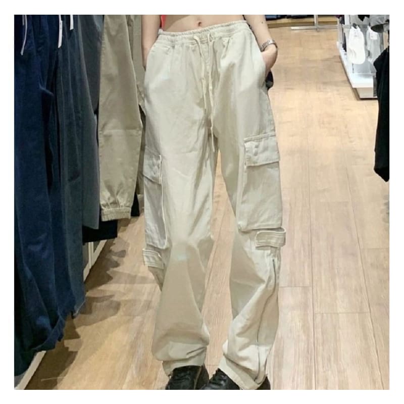 Low Rise Plain Drawstring Cargo Baggy Pants