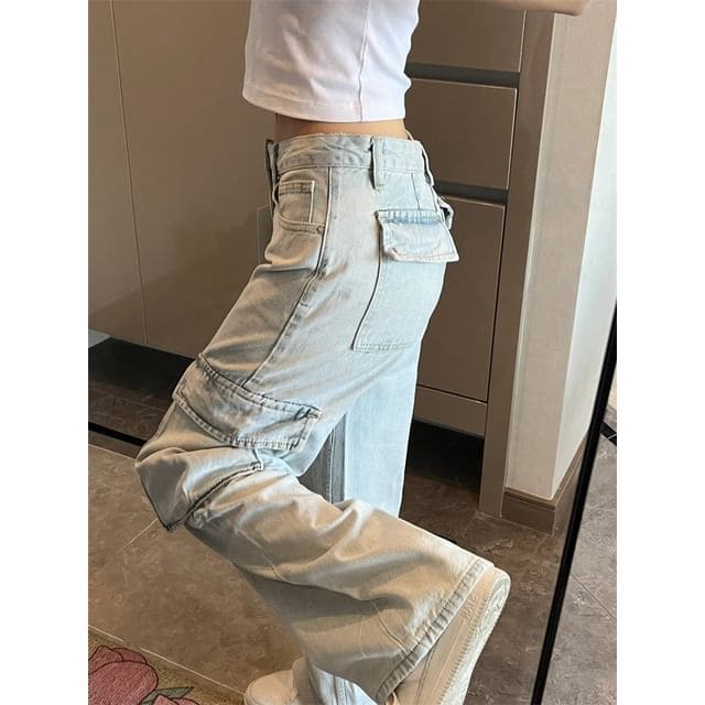 Low Rise Washed Wide Leg Cargo Jeans - Tall Length Pants