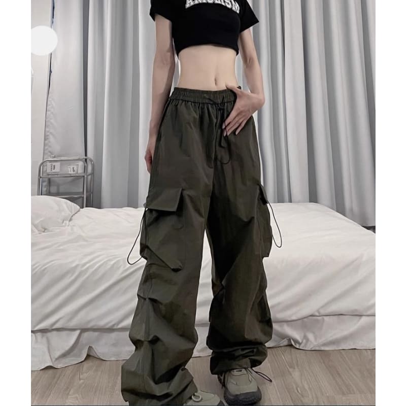 Low Waist Plain Wide Leg Cargo Pants