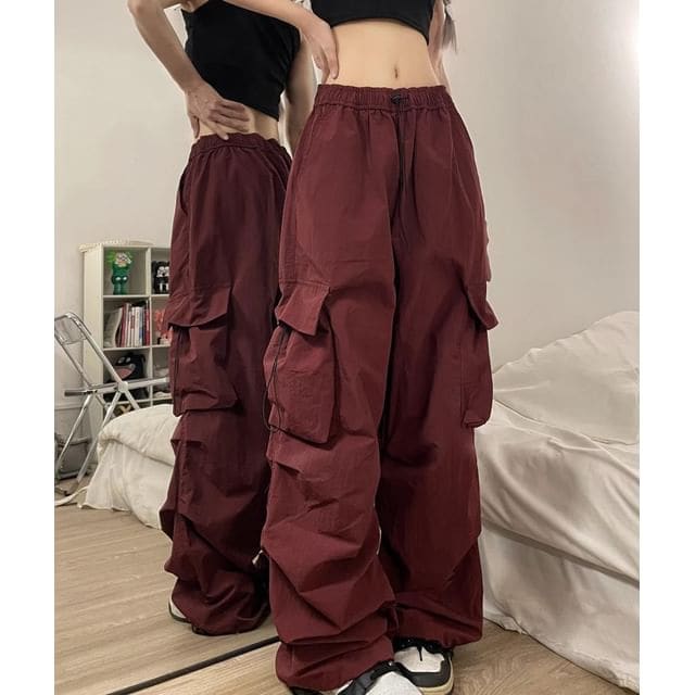 Low Waist Plain Wide Leg Cargo Pants - Wine Red / S