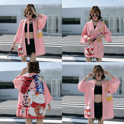 Lucky Cat Letter Print Cardigan Kimono Outerwear