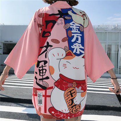 Lucky Cat Letter Print Cardigan Kimono Outerwear