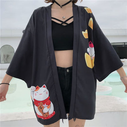 Lucky Cat Letter Print Cardigan Kimono Outerwear