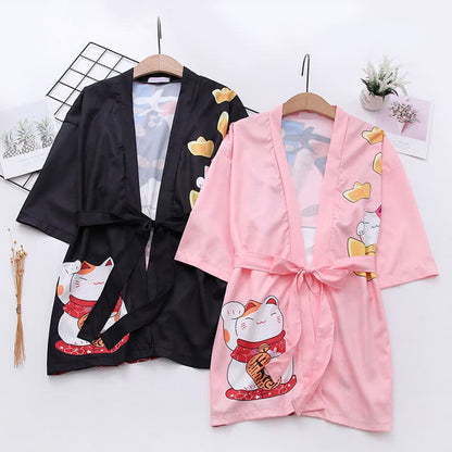 Lucky Cat Letter Print Cardigan Kimono Outerwear