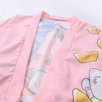 Lucky Cat Letter Print Cardigan Kimono Outerwear