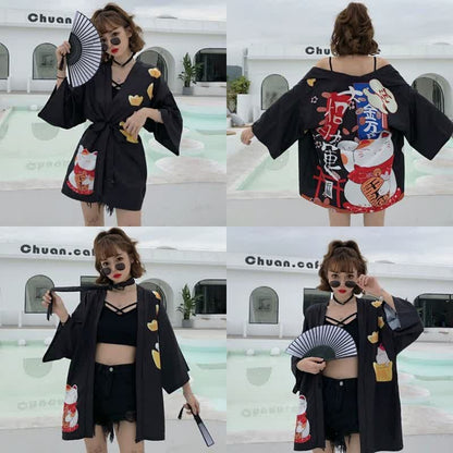 Lucky Cat Letter Print Cardigan Kimono Outerwear