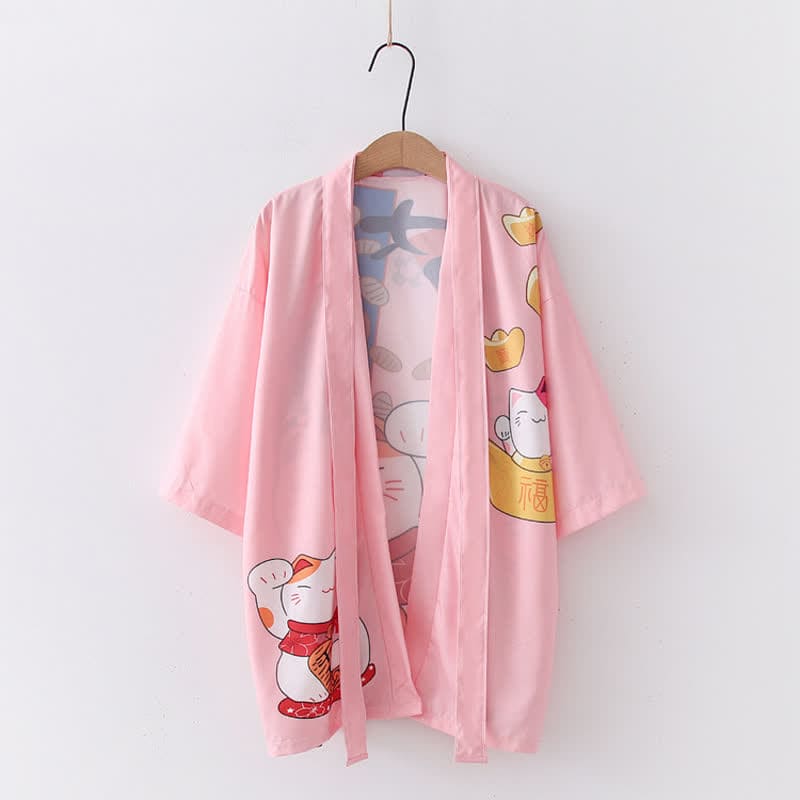 Lucky Cat Letter Print Cardigan Kimono Outerwear - Pink