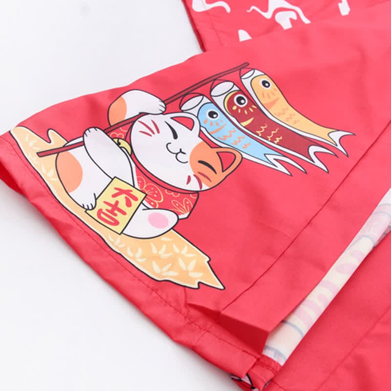 Lucky Cat Print Cardigan Kimono Outerwear