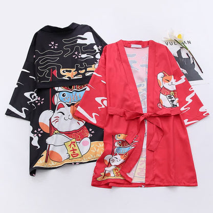 Lucky Cat Print Cardigan Kimono Outerwear