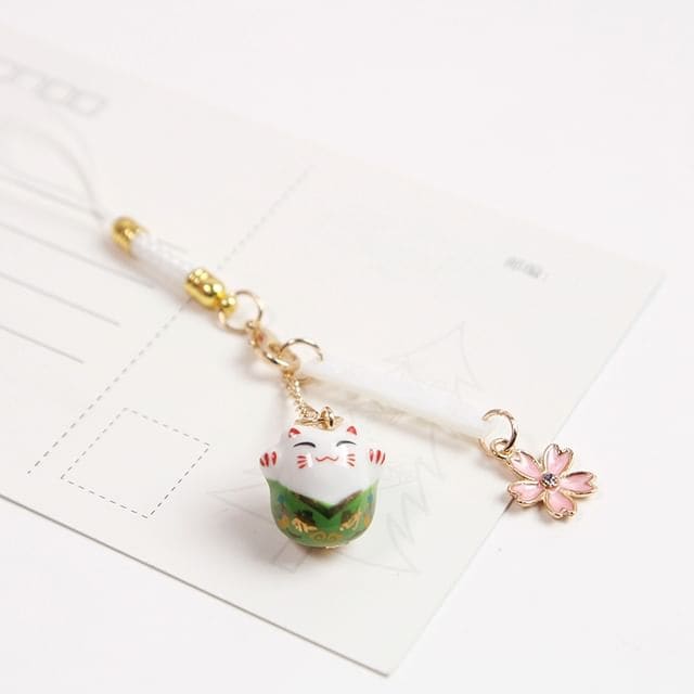 Lucky Cat Sakura Phone Charm - Green / One Size