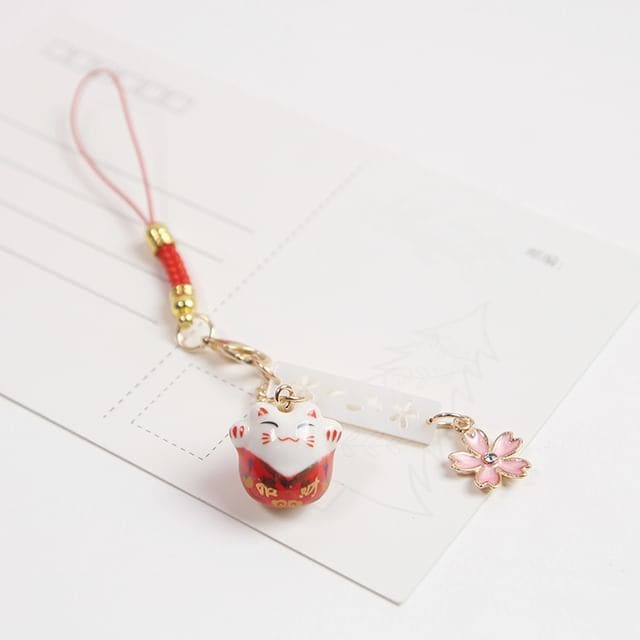 Lucky Cat Sakura Phone Charm - Red / One Size