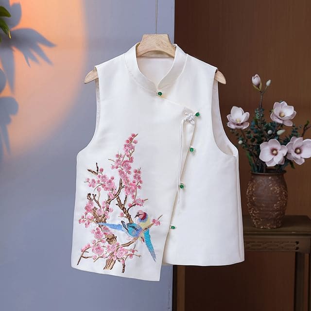 Mandarin Collar Embroidered Bird Floral Button Vest - White