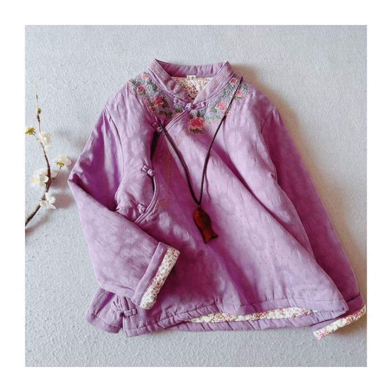 Mandarin Collar Floral Embroidered Frog Button Jacket