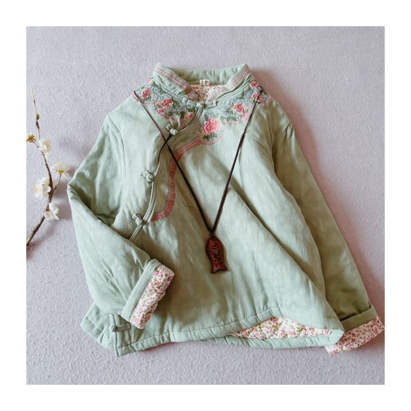 Mandarin Collar Floral Embroidered Frog Button Jacket