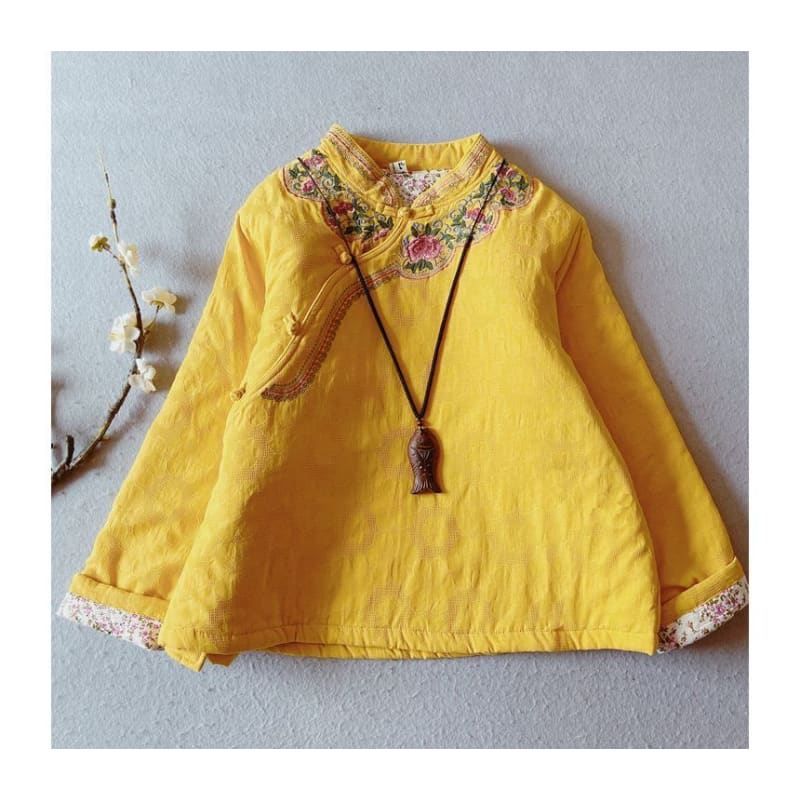 Mandarin Collar Floral Embroidered Frog Button Jacket