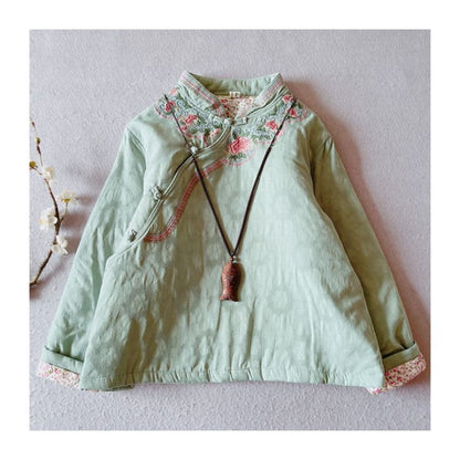 Mandarin Collar Floral Embroidered Frog Button Jacket