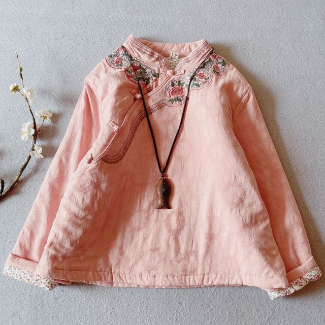 Mandarin Collar Floral Embroidered Frog Button Jacket