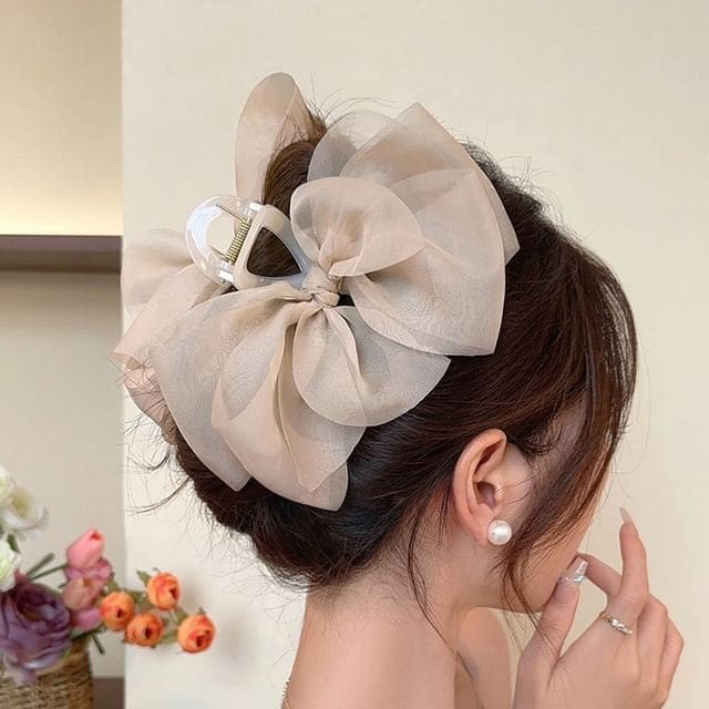 Mesh Bow Accent Hair Claw - 5 - Khaki / One Size