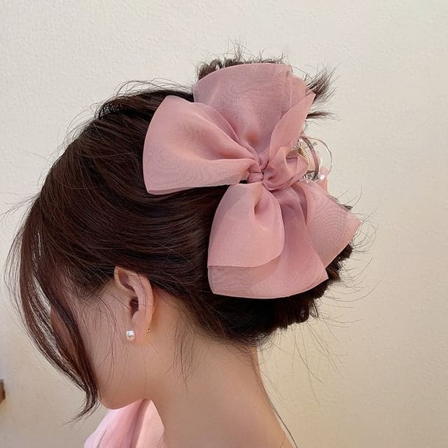 Mesh Bow Accent Hair Claw - 6 - Pink / One Size