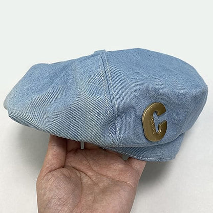 Metal Accent Washed Denim Beret - C - Light Blue / M