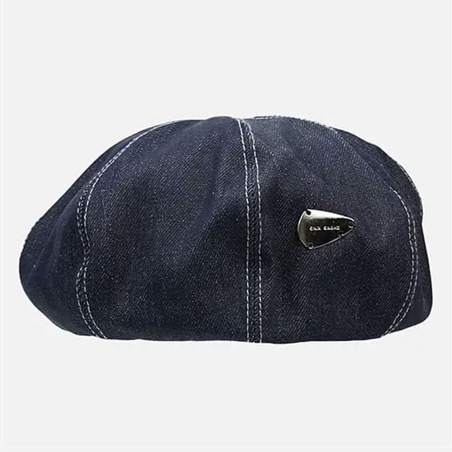 Metal Accent Washed Denim Beret - Metal Tag - Black Blue / M