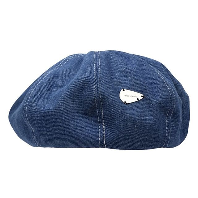 Metal Accent Washed Denim Beret - Metal Tag - Denim Blue / M