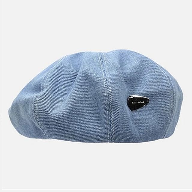 Metal Accent Washed Denim Beret - Metal Tag - Light Blue / M