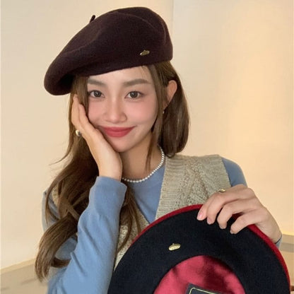 Metal Plate Wool Beret Hat