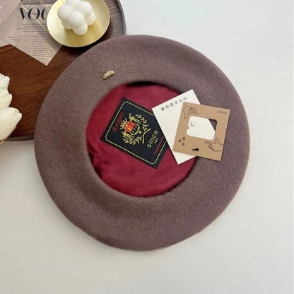 Metal Plate Wool Beret Hat - Ash Mocha / One Size