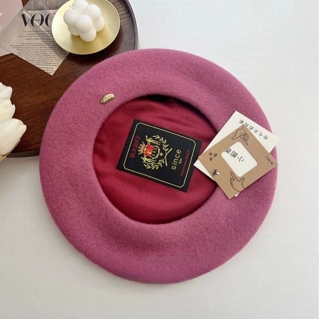 Metal Plate Wool Beret Hat - Ash Rose Pink / One Size