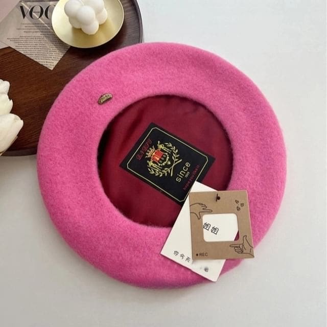 Metal Plate Wool Beret Hat - Pink / One Size