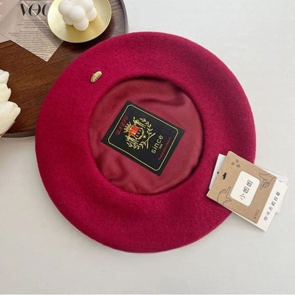 Metal Plate Wool Beret Hat - Red / One Size