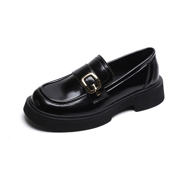 Metallic Buckle Platform Loafers - Black / 35