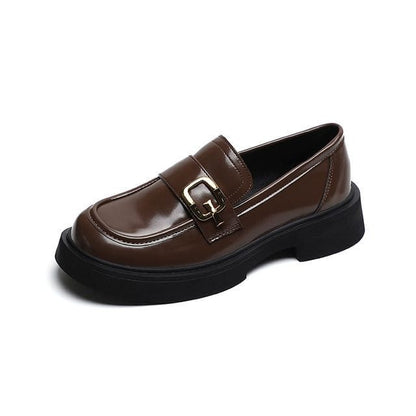 Metallic Buckle Platform Loafers - Coffee / 35