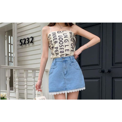 Mid Rise Lace Trim Denim Mini Skirt