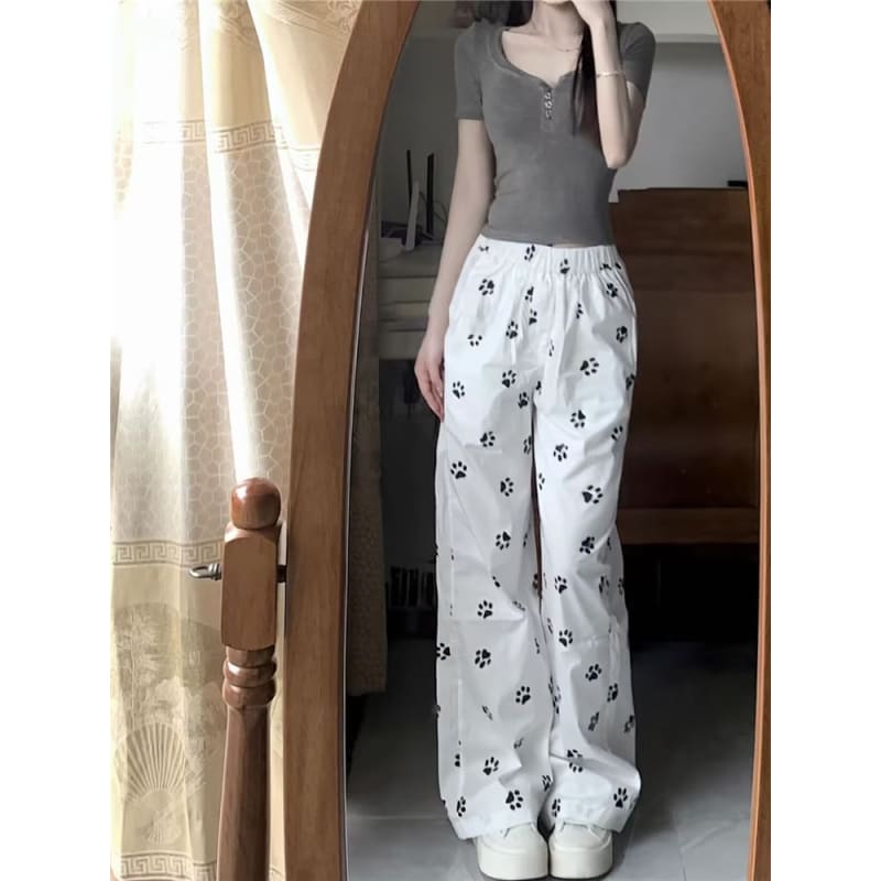 Mid Rise Paw Print Wide Leg Pants