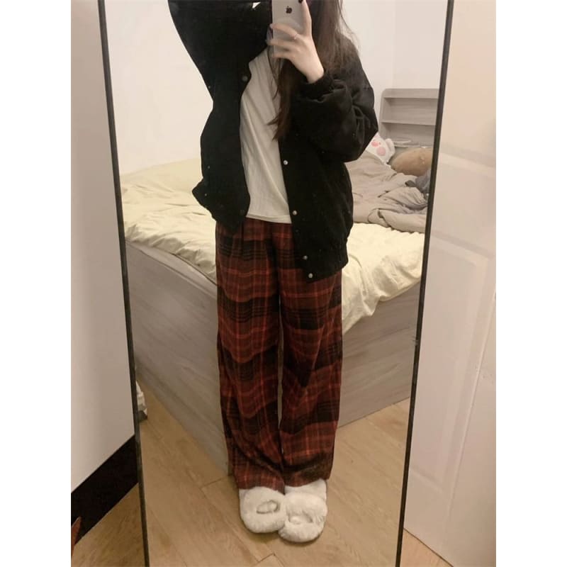 Mid Rise Plaid Wide Leg Pants