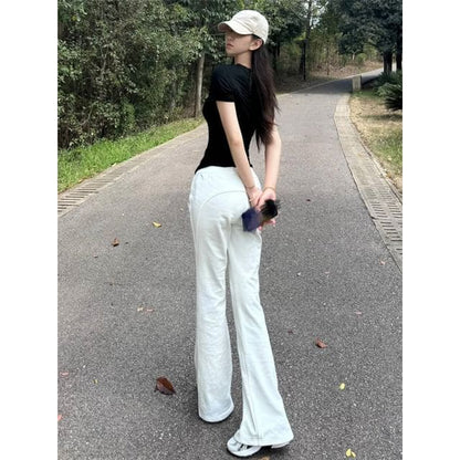 Mid Rise Plain Bootcut Pants - Lengthen - White / S