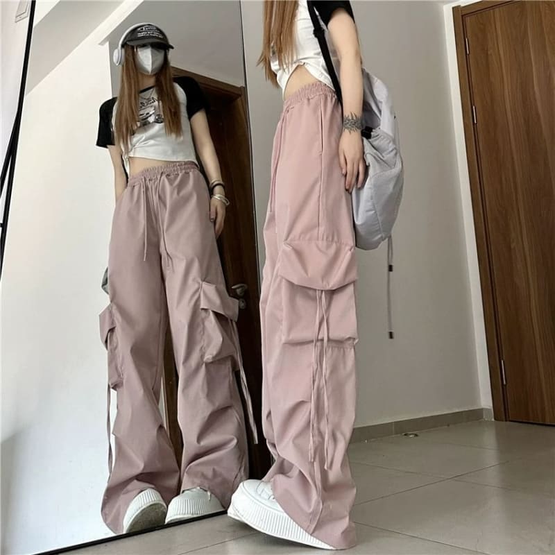 Mid Rise Plain Drawstring Cargo Baggy Pants