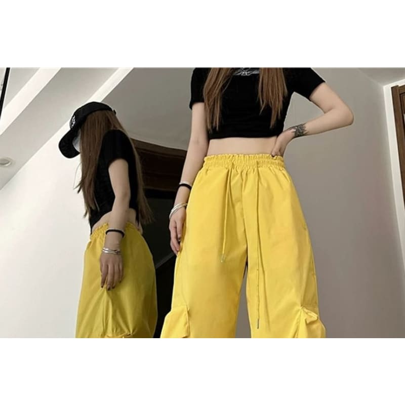 Mid Rise Plain Drawstring Cargo Baggy Pants