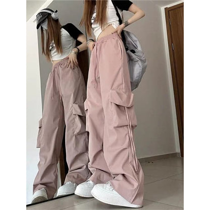 Mid Rise Plain Drawstring Cargo Baggy Pants