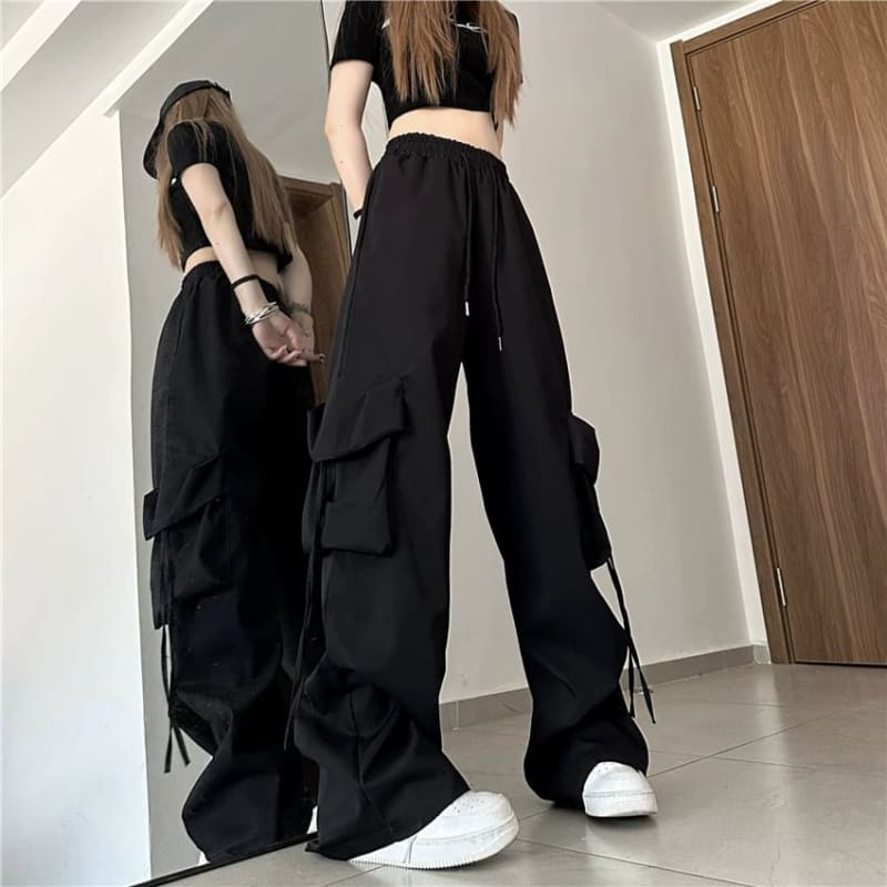 Mid Rise Plain Drawstring Cargo Baggy Pants