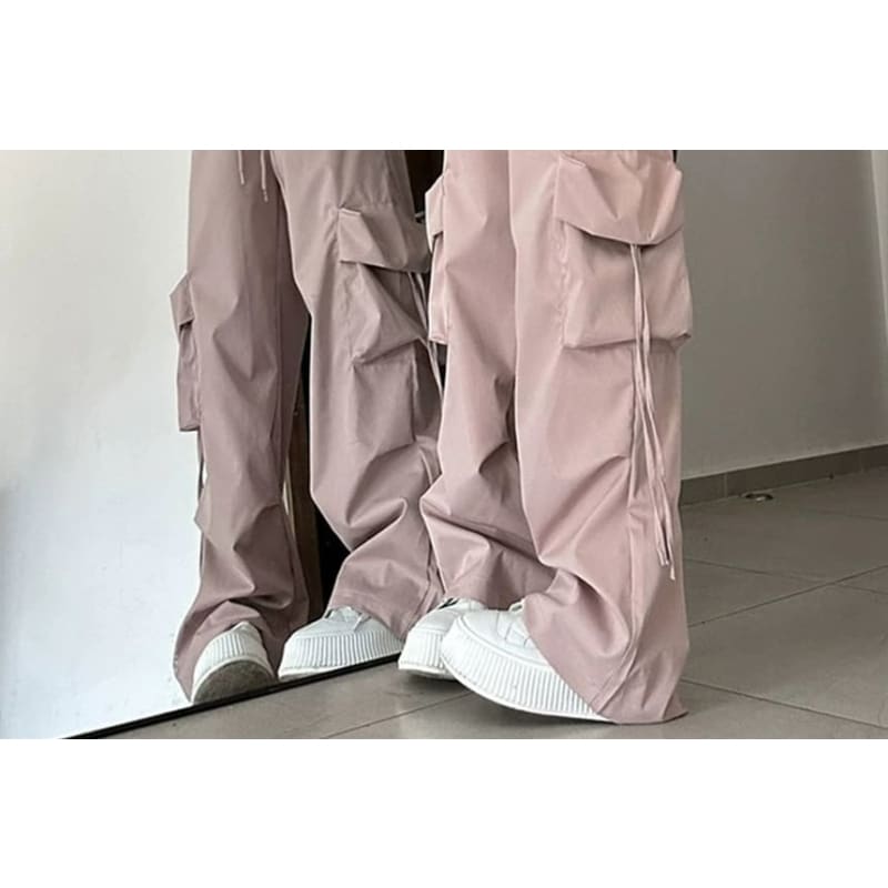 Mid Rise Plain Drawstring Cargo Baggy Pants