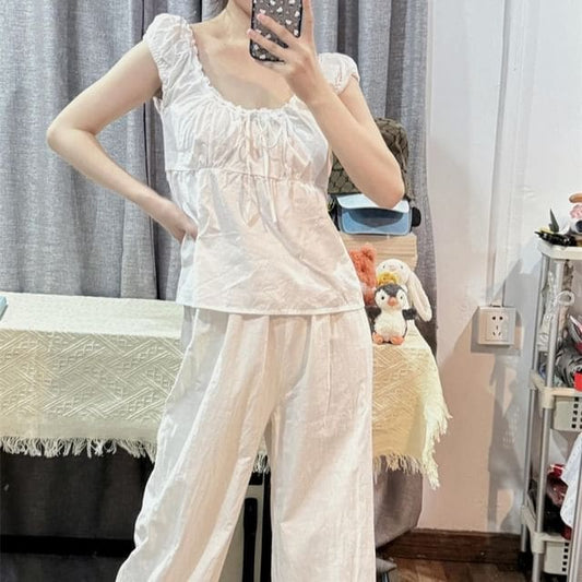 Mid Rise Plain Lace Panel Wide Leg Pants